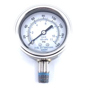Pressure Gauge - 2 1 / 2" Silicone Filled Stainless Gauge - 160 PSI - 1 / 4" MPT